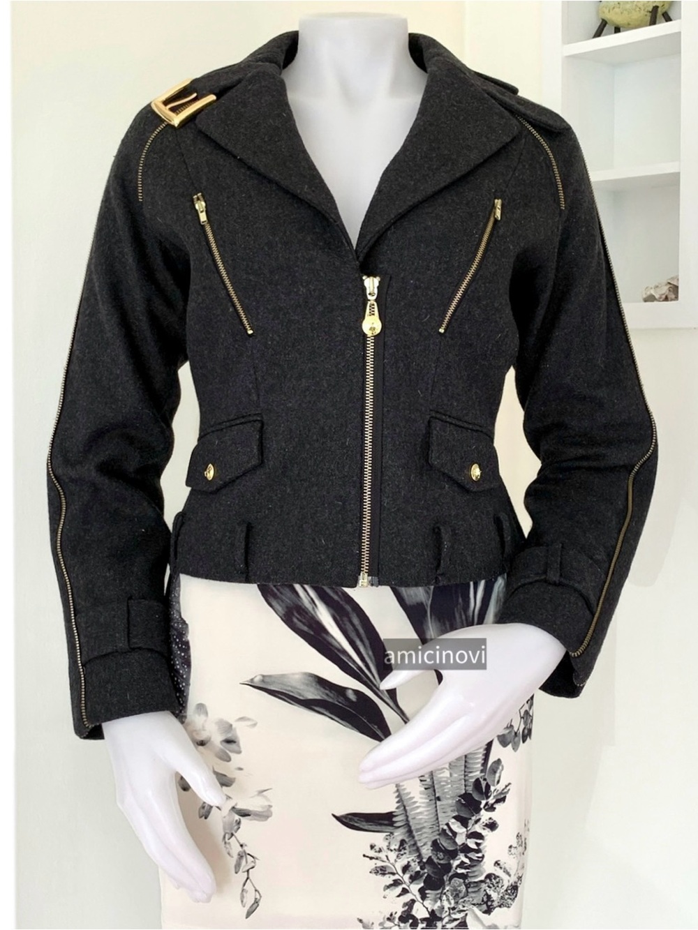 Pink Tartan black wool blend gold tone hardware moto jacket